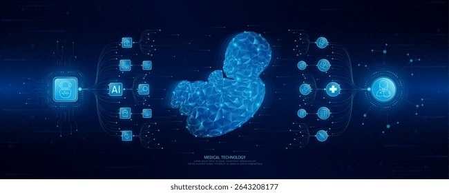Doctor and robot icons in circuit board chip. Medical technology network connection and artificial intelligence (AI) against polygon fetus. Digital health care smart. Banner vector.