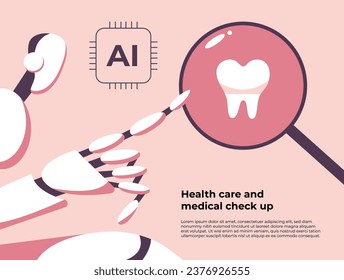 Doctor robot pointing at magnifying glass while looking at dental diagnosis using AI technology. Innovative robots with artificial intelligence help in health care. Flat vector illustration.