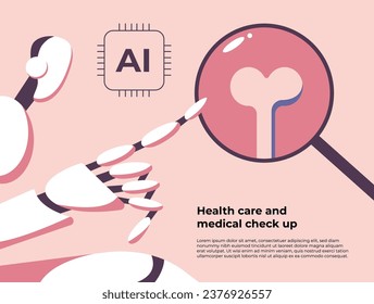 Doctor robot pointing at magnifying glass while looking at bone diagnosis using AI technology. Innovative robots with artificial intelligence help in health care. Flat vector illustration.