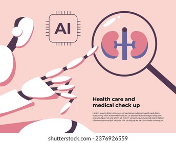 Doctor robot pointing at magnifying glass while looking at kidney analysis diagnosis using AI technology. Innovative robots with artificial intelligence help in health care. Flat vector illustration.