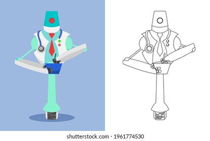Doctor Robot is recording treatment data isolated on half blue background, cartoon character design vector illustration, Coloring Book Outline
