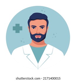 Doctor round avatar. Medicine flat avatar with male doctor. Medical clinic team. Round icon medical collection, vector illustration