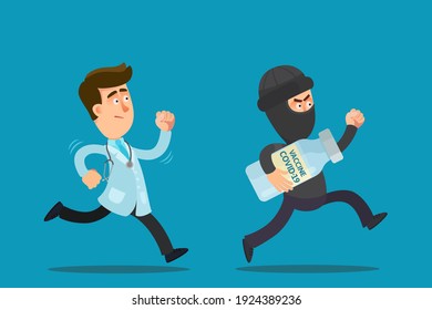 Doctor run after the thief who stole covid-19 vaccine. Burglar or spy stole a coronavirus vaccine from a laboratory. Vector illustration, flat design cartoon.