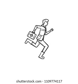 Doctor is running with first aid kit in arm hand drawn outline doodle icon. Emergency medical service concept. Vector sketch illustration for print, web, mobile and infographics on white background.