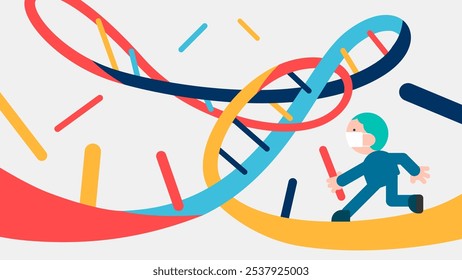 Doctor running inside DNA helix.Vector illustration.
