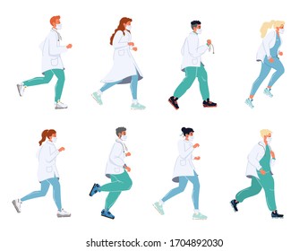 Doctor running in masks uniform stethoscope set. Clinic healthcare, urgency medicine, emergency help characters. Ambulance first aid prevent lethal outcome. Disease epidemic. Coronavirus outbreak