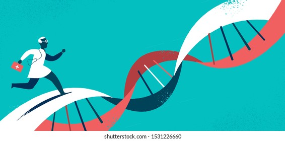 A doctor running on a dna helix to see patients. Vector illustration