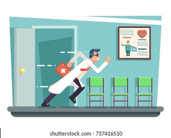 Doctor running out consulting room door hurry medical clinic cartoon character flat design vector illustration