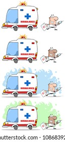 Doctor Running With A Syringe And Bag From Ambulance .Vector Collection