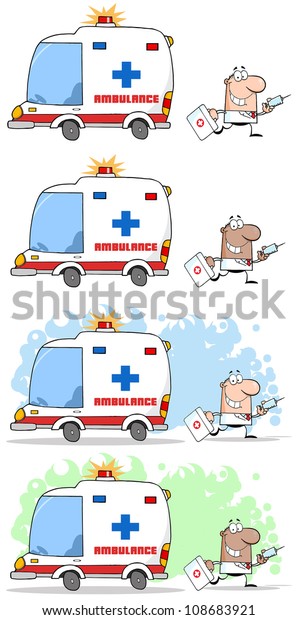 Doctor Running With A Syringe And Bag From\
Ambulance .Vector\
Collection