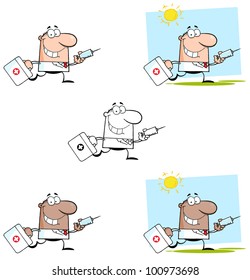 Doctor Running With A Syringe. Vector Collection