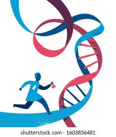 Doctor Running With Test Glass On DNA Helix - Vector Illustration