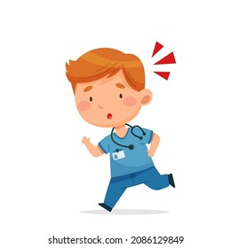 The doctor runs, hurry up. The man looks alarmed. Vector postcard in cartoon style for design, print, patterns