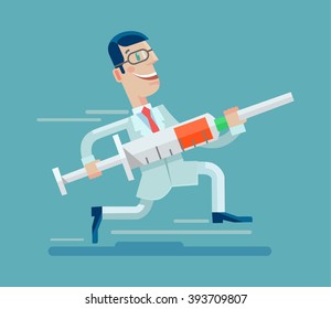 Doctor runs with syringe. Vector flat illustration