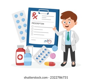 Doctor and RX clipart cartoon style. Doctor gives the RX medical prescription clipboard with mecidines flat vector illustration. Bottle, pills, tablet, capsule. Hospital, medical, pharmacy concept