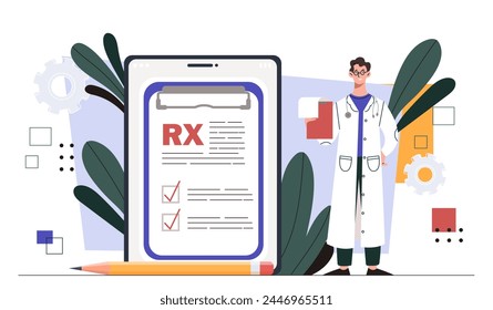 Doctor with rx prescription. Man in medical uniform with notepad. Health care and medicine, treatment. Guy give medicines and pills. Cartoon flat vector illustration isolated on white background