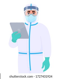 Doctor In Safety Protection Suit Uniform, Mask, Glasses And Face Shield Holding Tablet Computer. Physician Or Surgeon Showing PC Notebook. Person Wearing Personal Protective Equipment Dress (PPE).