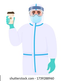 Doctor in safety protection suit uniform, mask, glasses and face shield showing coffee cup. Person holding paper mug. Surgeon or physician wearing personal protective equipment dress. Vector cartoon.