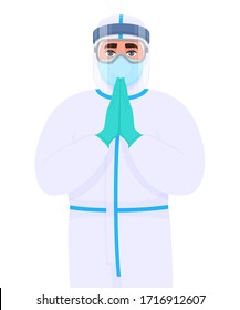 Doctor in safety protective suit, mask, glasses and face shield. Physician showing welcome or greeting gesture with palms together. Medical surgeon praying hands symbol. Corona virus epidemic outbreak