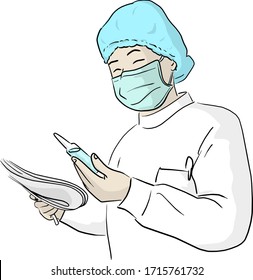 doctor with safety surgical mask holding vial of medicine and the other hand holding paper vector illustration sketch doodle hand drawn isolated on white background
