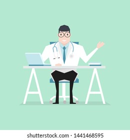 Doctor sat at the desk flat style. Practitioner doctor man in hospital medical office. Consultation and diagnosis.