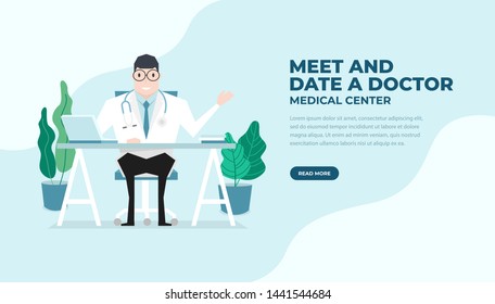 Doctor sat at the desk flat style. Practitioner doctor man in hospital medical office. Consultation and diagnosis. Medical and health care banner.