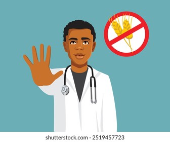 
Doctor Saying No to Gluten Diet Vector Cartoon illustration. Dietician recommended a gluten-free nutrition to his patients 
