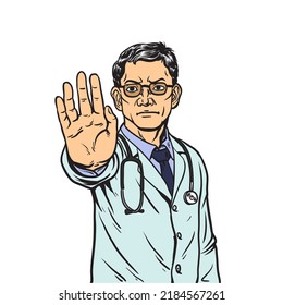 Doctor  saying stop  isolated on white background , Hand drawn style vector design illustration.