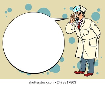 Doctor says text cloud. Advertising of medical services and offers to clients. Advice from a health improvement specialist. Comic cartoon pop art retro vector illustration hand drawing