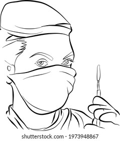  Doctor with a scalpel knife line art drawing doodle style 