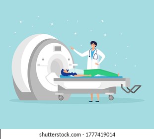 Doctor scanning patient brain by Magnetic Resonance Imaging Technology. Tomography, radiology, xray machine for examination for oncology disease MRI machine with woman lying down Vector cartoon design