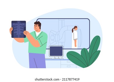 Doctor scanning patients chest and spine bones with X-ray machine in hospital. Medical Xray checkup in clinic. Radiography roentgen room. Flat vector illustration isolated on white background