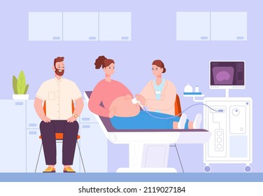 Doctor scanning pregnant. Ultrasound fetus examining, medical gynecologist check ultrasound diagnostic belly at woman pregnancy, baby care in hospital, splendid vector illustration pregnant scan