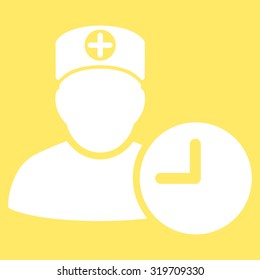 Doctor Schedule vector icon. Style is flat symbol, white color, rounded angles, yellow background.