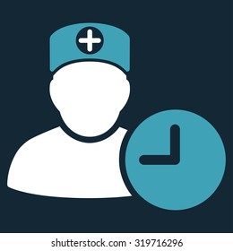 Doctor Schedule vector icon. Style is bicolor flat symbol, blue and white colors, rounded angles, dark blue background.
