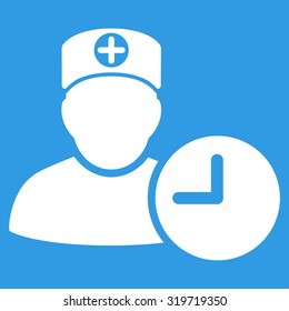 Doctor Schedule vector icon. Style is flat symbol, white color, rounded angles, blue background.