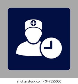 Doctor Schedule vector icon. Style is flat rounded square button, white and dark blue colors, silver background.