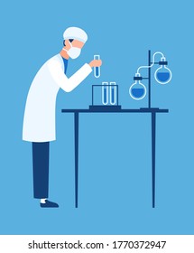 Doctor in science hospital laboratory. Biologist carries out experiments in clinic lab, creating new medicine and vaccines, cartoon flat vector character, chemistry and pharmacy innovation concept