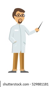 Doctor or scientist character icon. Man in white coat with pointer in hand flat vector illustration isolated on white. Therapist or laboratory assistant. For medical, healthcare, scientific concept 