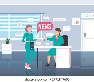 doctor and scientist chatting during meeting medical workers discussing daily news chat bubble communication concept modern hospital interior full length vector illustration