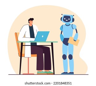 Doctor or scientist at computer desk talking to robot assistant. Robotic character next to man working at laptop flat vector illustration. Artificial intelligence, workforce concept for banner