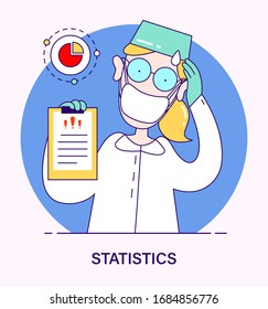 Doctor scientist with disease statistics information list related to Covid-19, Coronavirus. Recommendations to avoid infection, cold or virus respiratory disease. illustration in cartoon style.