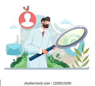 Doctor Or Scientist Doing Research And Analysis. Vector Illustration