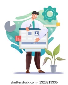 Doctor or scientist doing research and analysis. Vector illustration