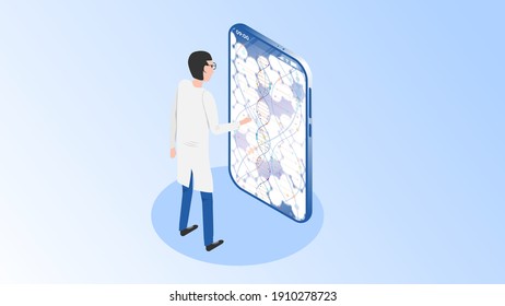 Doctor or scientist explores the DNA chain in the application on the smartphone. Concept of modern technologies in medicine. Vector illustration in isometric style.