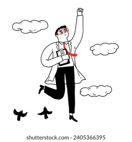 Doctor or scientist flying into the air. Hand drawn vector illustration doodle style. 