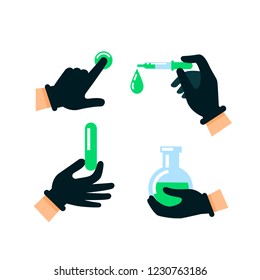 Doctor or scientist hands in latex gloves. Nuclear energy. Hands in protective gloves holding hazardous substances. Medicine, science and biology concept. Flat style vector illustration