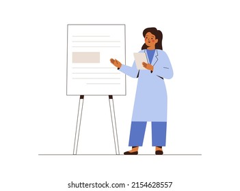 Doctor or scientist has speech and shows some information on the board. Medical presentation concept. Vector illustration