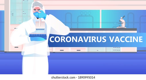 doctor scientist holding test tubes with coronavirus vaccine fight against covid-19 concept medical laboratory interior portrait horizontal vector illustration