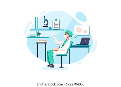Doctor scientist man in mask holding lab tube working on coronavirus vaccine . Flat illustration isolated on white background.